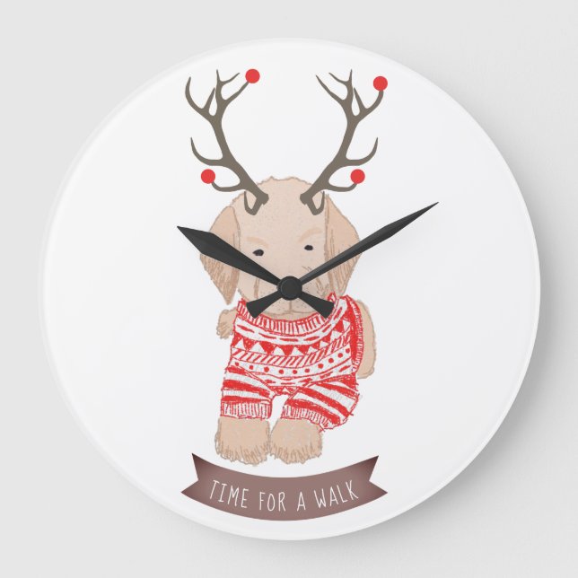 Relógio Grande Ouro Bonito Retriever Puppy Natal Antlers (Frente)