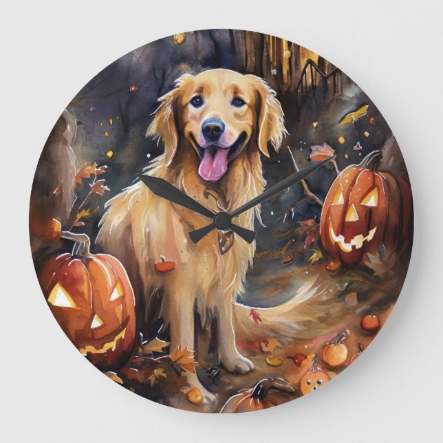 Relógio Grande Ouro De Halloween Retriever Com Pumpkins Assustado (Frente)