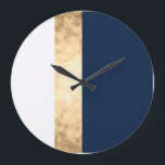 Relógio Grande ouro elegante do falso, azul marinho, listras<br><div class="desc">Listras modernas e elegantes do ouro,  dos azuis marinhos e do branco do falso.</div>