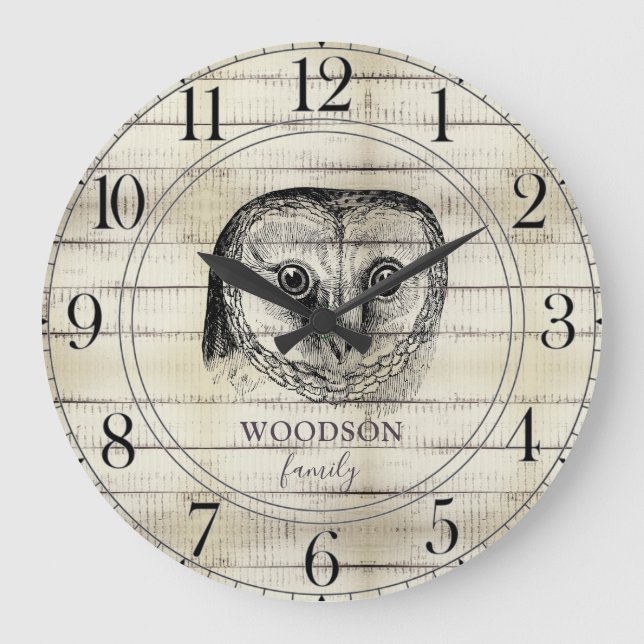 Relógio Grande Owl Rustic Light Wood Family Name Large Clock (Frente)