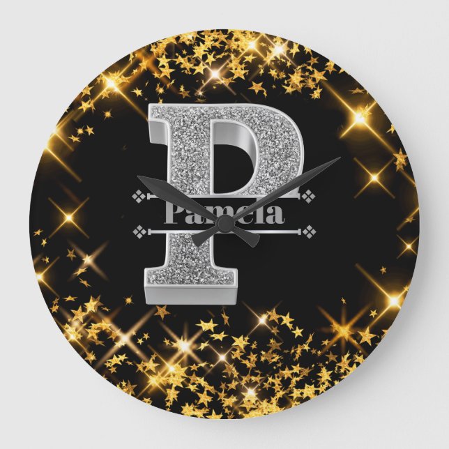 Relógio Grande P Monograma Inicial do Prata Personalizado Seu Nom (Frente)