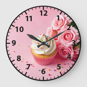 Relógio Grande Padaria Cupcake Rosas Cor-de-Rosa Produtos Assados