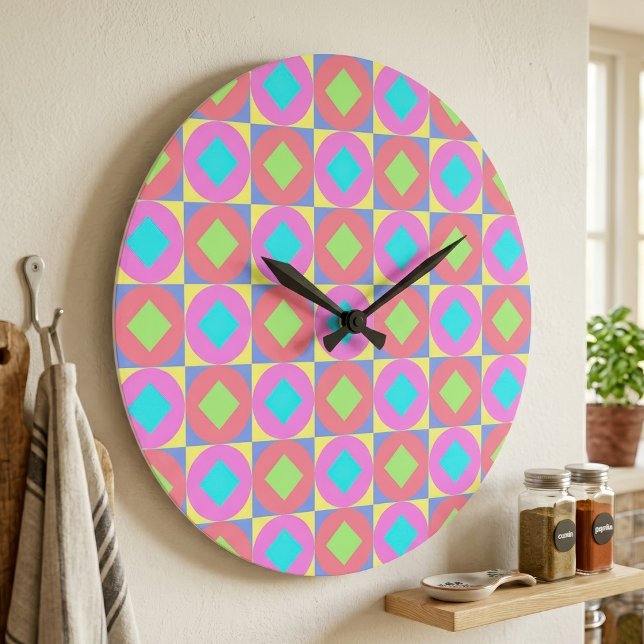 Relógio Grande Padrão Abstrato Geométrico Psicodélico Vibrante (Vibrant Geometric Abstract Psychedelic Pattern. Large Clock)