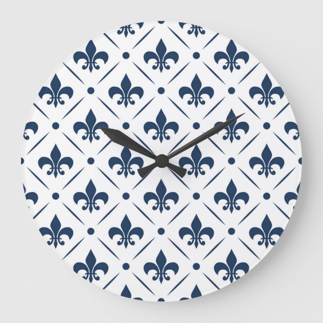 Relógio Grande Padrão azul escuro Fleur De Lis sobre fundo branco (Frente)
