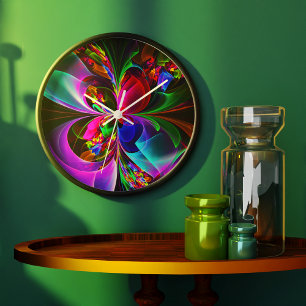 Relógio Grande Padrão Azul Vermelho Abstrato Floral Moderno #12