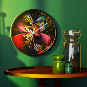 Relógio Grande Padrão Azul Vermelho Abstrato Floral Moderno #13