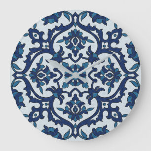 Relógio Grande Padrão Azulejos Floral do Azulejo Azulejos Azul