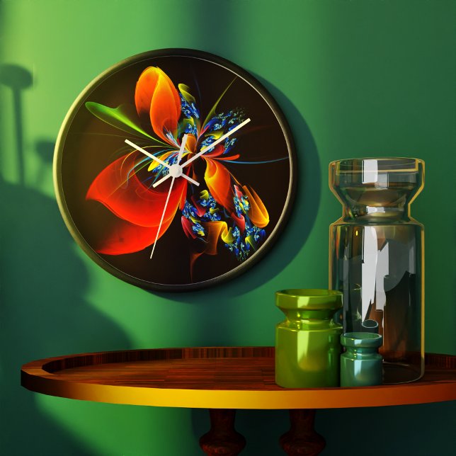 Relógio Grande Padrão de Abstrato de Arte Floral Azul Laranja Mod (Blue Orange Floral Modern Abstract Art Pattern #03 Clock)