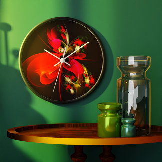 Relógio Grande Padrão de Abstrato de Arte Vermelha Verde Floral M