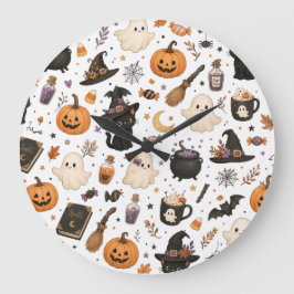 Relógio Grande Padrão de aquarela de Halloween fofo com gatos pre