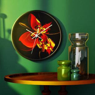 Relógio Grande Padrão de Arte Abstrata Floral Amarelo Vermelho Mo
