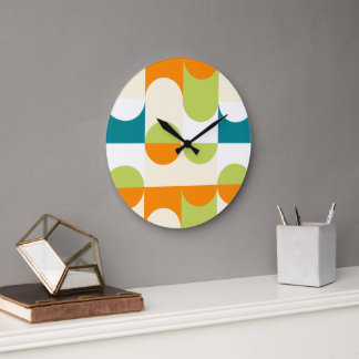 Relógio Grande Padrão de Arte Retro Laranja Azul Turquesa Verde L