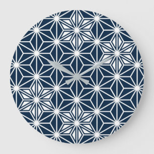 Relógio Grande Padrão de Asanoha Japonês - azul-indigo e branco