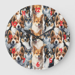 Relógio Grande Padrão de Cachorro Corgi em Aquarela Fofa