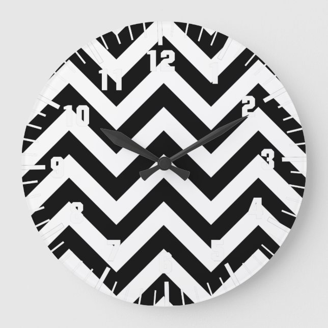 Relógio Grande Padrão de Chevrons de Zigzag preto e branco (Frente)