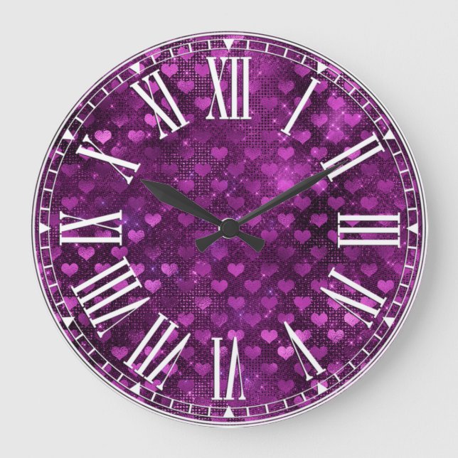 Relógio Grande Padrão de Corações Glam com Degradê Roxo (Frente)
