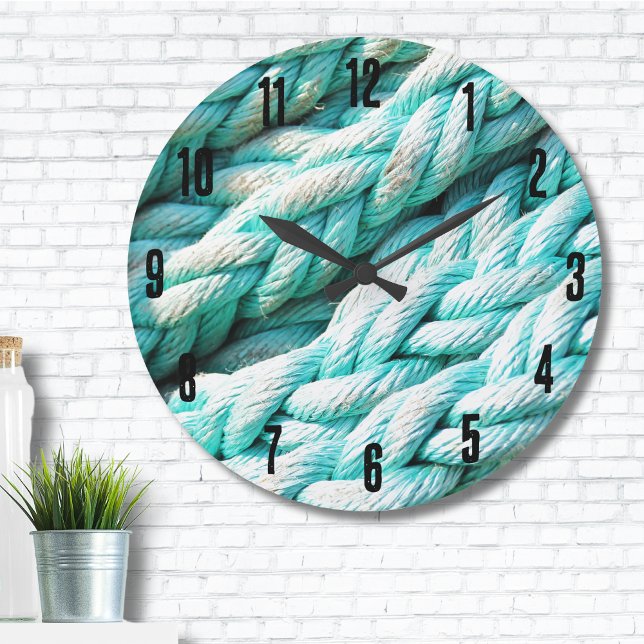 Relógio Grande Padrão de Corda Azul Costeira Náutica (Distressed Blue Rope Nautical Beach House Print Large Clock )