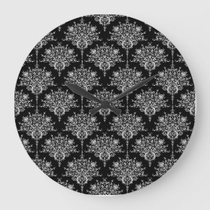 Relógio Grande Padrão de Damasco Preto e Branco Elegante