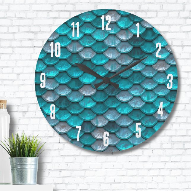 Relógio Grande Padrão de Escala de Sereia Metálico Turquesa (Metallic Turquoise Teal Mermaid Scales Pattern Large Clock )