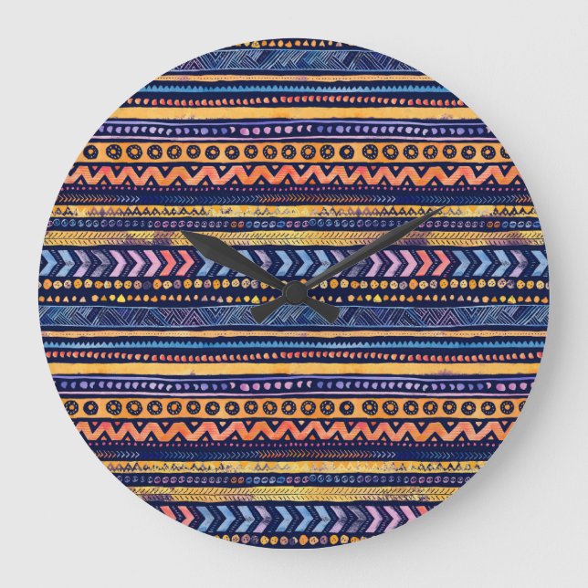 Relógio Grande Padrão de Escuro de Cor da Água Tribal Étnica (Frente)