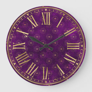 Relógio Grande Padrão de Fantasia Encantador Roxo Escuro e Dourad