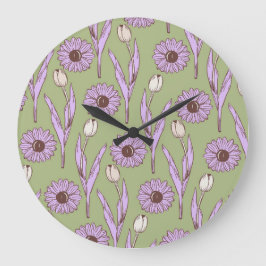Relógio Grande Padrão de Flor de Hippie Funky Y2K Retro Roxo Verd