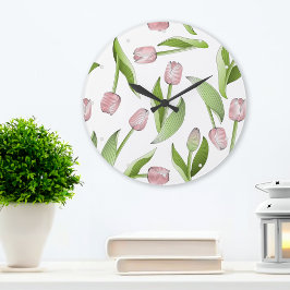 Relógio Grande Padrão de Flor de Tulipa Rosa Moderna