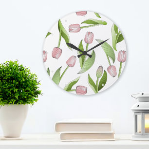 Relógio Grande Padrão de Flor de Tulipa Rosa Moderna