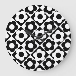 Relógio Grande Padrão de Flor de Verificação de Diamante Preto e 