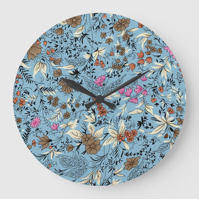 Relógio Grande Padrão de flor de vindima, fundo azul. (Frente)