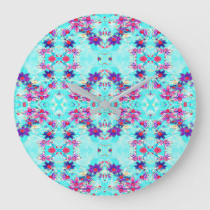 Relógio Grande Padrão de Flor Roxo Bonito na Aqua Azul