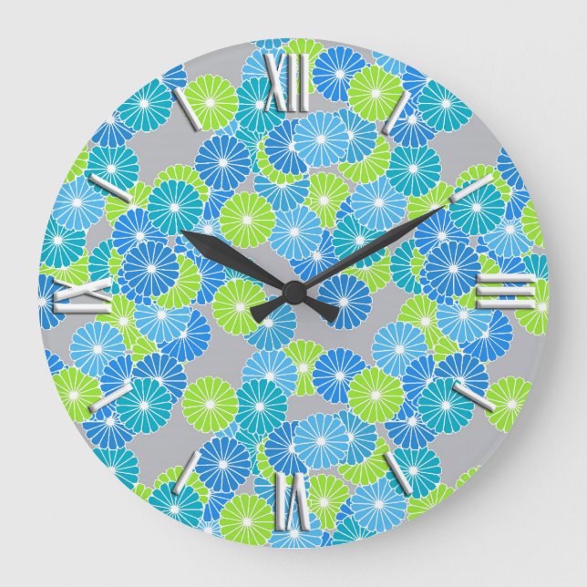 Relógio Grande Padrão de flores de Art Deco - azul e verde limão (Frente)