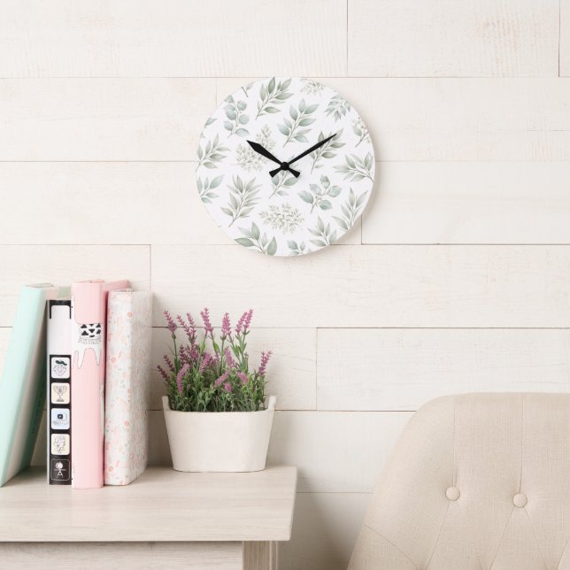 Relógio Grande Padrão de Folhas Botânicas Verde Suave  (Sala de leitura)