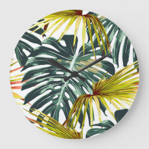 Relógio Grande Padrão de Folhas Tropicais Vintage