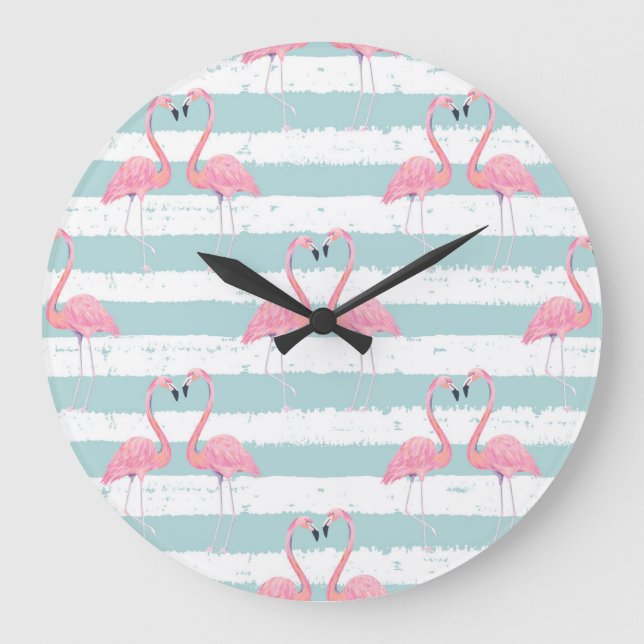 Relógio Grande Padrão de Fundo Flamingo Exótico (Frente)