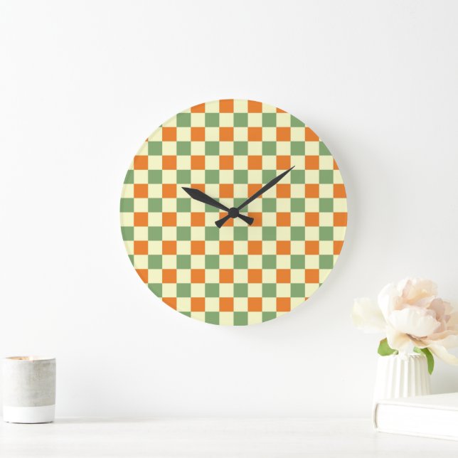 Relógio Grande Padrão de Gingham - Laranja Verde Marrom (Lar)