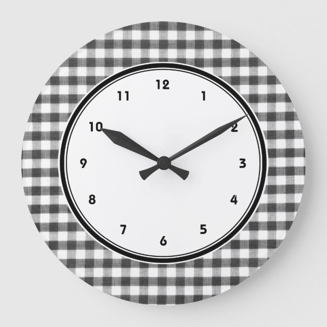 Relógio Grande Padrão de gingham preto e branco (Frente)
