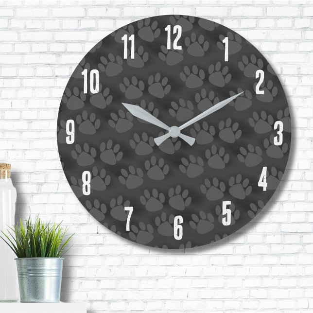 Relógio Grande Padrão de impressão de pata-branca (Modern Cute Black Gray Animal Paw Prints Pattern Large Clock)