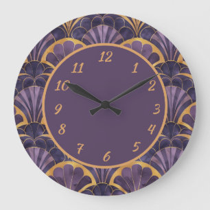 Relógio Grande Padrão de leque Art Déco em roxo e dourado com gla