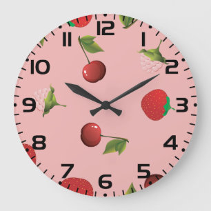 Relógio Grande Padrão de Morango Vermelho e Cereja Fruta Rosa