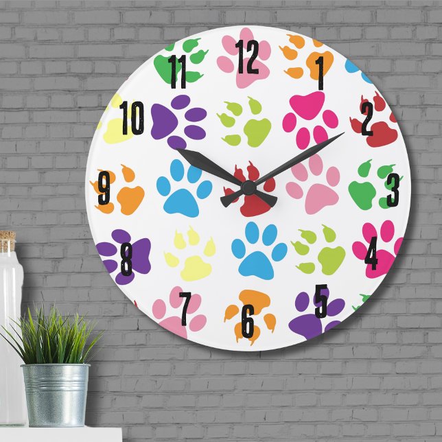 Relógio Grande Padrão de Pata Colorida Bonito (Cute Simple Colorful Pet Dog Paw Print Pattern Large Clock)