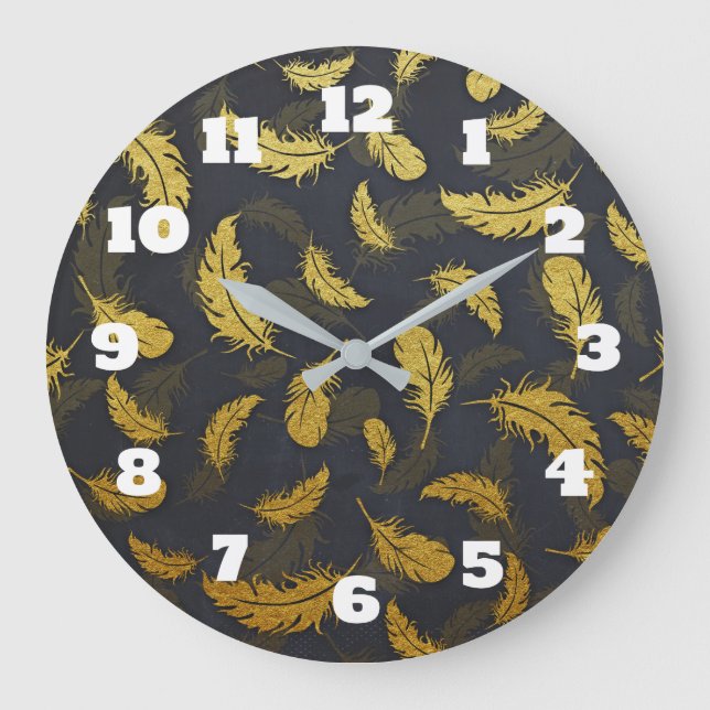 Relógio Grande Padrão de Pena Preto e Dourado (Frente)
