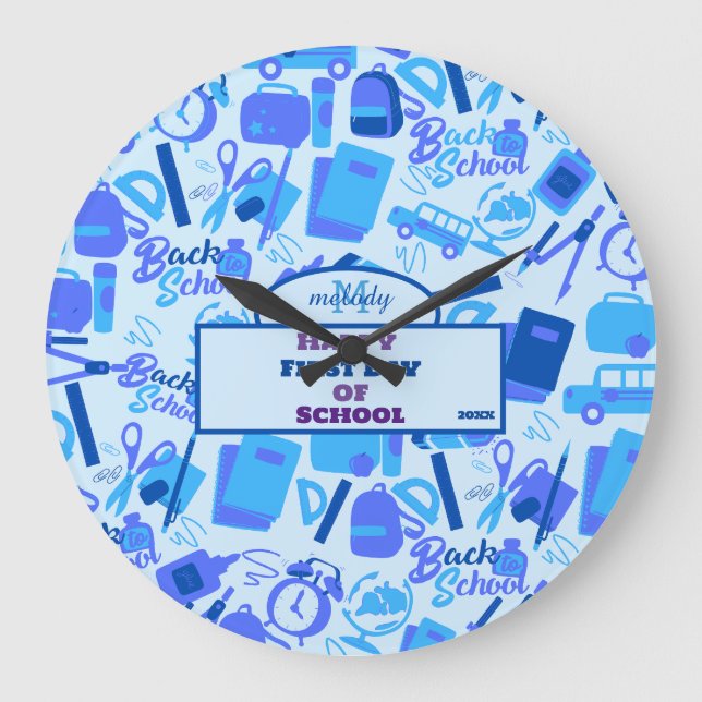 Relógio Grande Padrão de retorno à escola personalizável azul de  (Frente)