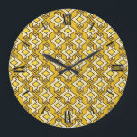 Relógio Grande Padrão de Wallpaper Art Deco, Mostarda Dourada<br><div class="desc">Art Deco - padrão geométrico do papel de parede em creme,  preto e ouro sobre uma mostarda profunda/fundo amarelo</div>