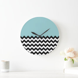 Relógio Grande Padrão de ziguezague preto e branco, Chevron, azul