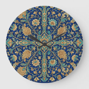 Relógio Grande Padrão Floral Arabesco Persa Azul Real