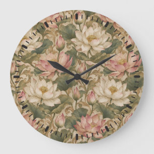 Relógio Grande Padrão Floral Botânico Lótus de Água Vintage