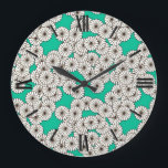 Relógio Grande Padrão floral de Art Deco - branco em turquesa<br><div class="desc">Um padrão de Art Deco baseado em um padrão crisântemo tradicional e estilizado usado em têxteis japoneses,  em branco esboçado em chocolate escuro,  com um rico fundo de turquesa/pavão</div>