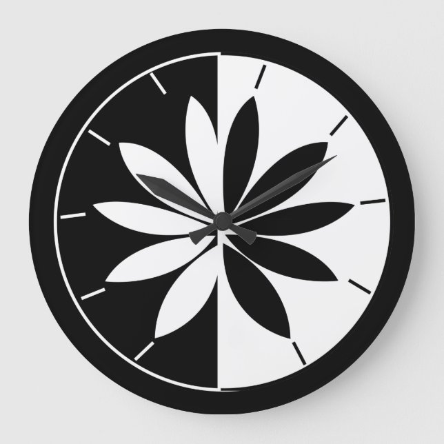 Relógio Grande Padrão Floral de Círculo Preto e Branco (Frente)