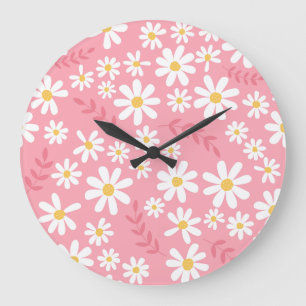 Relógio Grande Padrão Floral de Margaridas Rosa e Branco Fofo e S